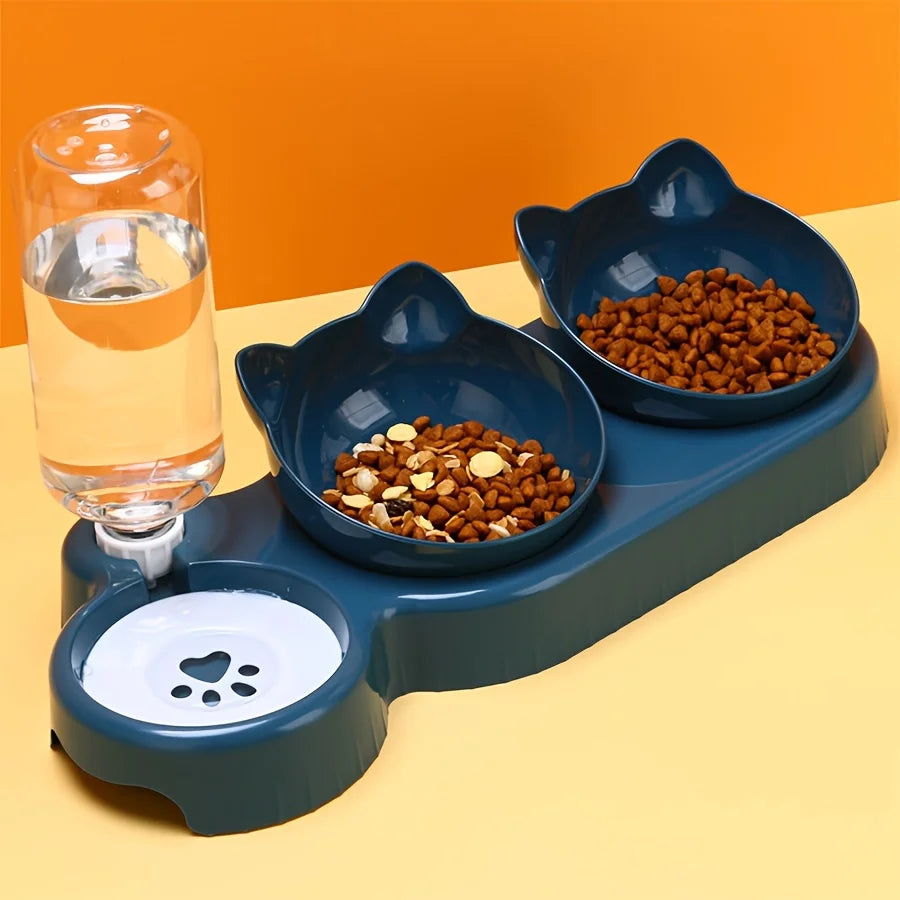 Elevated Tilted Cat Bowl Set with Gravity Water Dispenser – Ergonomic 3-in-1 Feeder