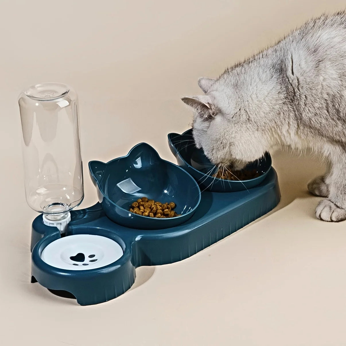 Elevated Tilted Cat Bowl Set with Gravity Water Dispenser – Ergonomic 3-in-1 Feeder