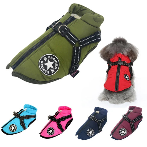 Warm Waterproof Dog Jacket with Harness for Large Breeds