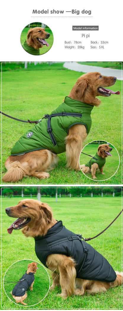 Warm Waterproof Dog Jacket with Harness for Large Breeds